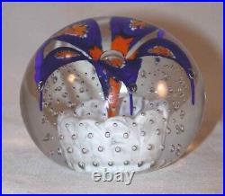 1970s Henry Davis Blown Art Glass Paperweight Cobalt Blue & Orange Flower