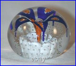 1970s Henry Davis Blown Art Glass Paperweight Cobalt Blue & Orange Flower