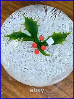 1971 Perthshire Art Glass Paperweight Holly Berry Christmas Latticino Lattice