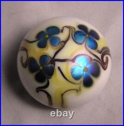 1975 Orient & Flume Art Glass White Paperweight WithBlue Iridescent Flowers Signed