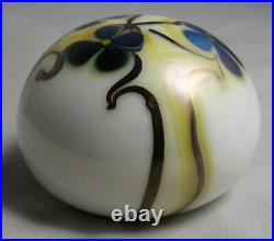 1975 Orient & Flume Art Glass White Paperweight WithBlue Iridescent Flowers Signed