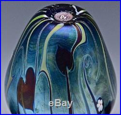 1978 ORIENT & FLUME IRIDESCENT BLUE AURENE PAPERWEIGHT FLOWERS ART GLASS VASE