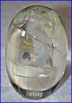 1986 Robert W. Stephan Large Iridescent Art Glass Paperweight 4.75 with stand