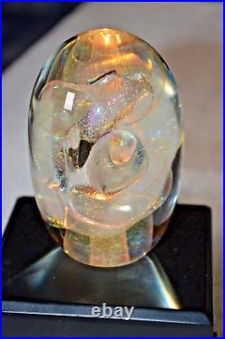 1986 Robert W. Stephan Large Iridescent Art Glass Paperweight 4.75 with stand