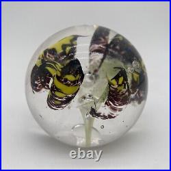 2008 Yellow & Purple Flower Art Glass Paperweight Signed J Katoriy