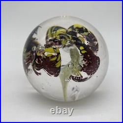 2008 Yellow & Purple Flower Art Glass Paperweight Signed J Katoriy