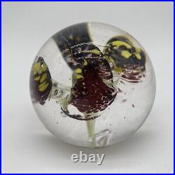 2008 Yellow & Purple Flower Art Glass Paperweight Signed J Katoriy