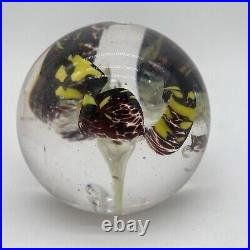 2008 Yellow & Purple Flower Art Glass Paperweight Signed J Katoriy