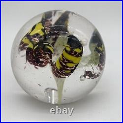 2008 Yellow & Purple Flower Art Glass Paperweight Signed J Katoriy