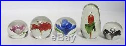 5 Vintage Blooming Flowers Controlled Bubble Studio Art Glass Paperweights yqz
