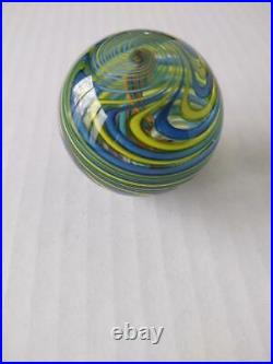 American Art Glass Swirled Blue and Yellow Paperweight by Bernard Katz