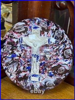 Antique Belgium Chenee Art Glass Sulphide Paperweight Crucifix Cross Open Pontil