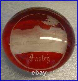 Antique Bohemian Ruby Red Flashed Overlay Engraved Bastey Art Glass Paperweight