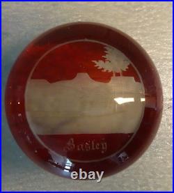 Antique Bohemian Ruby Red Flashed Overlay Engraved Bastey Art Glass Paperweight