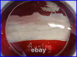 Antique Bohemian Ruby Red Flashed Overlay Engraved Bastey Art Glass Paperweight