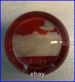 Antique Bohemian Ruby Red Flashed Overlay Engraved Bastey Art Glass Paperweight