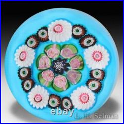 Antique Clichy millefiori and roses on turquoise ground glass art paperweight