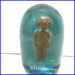 Antique English Green Glass Dump Paperweight With Terracotta Child Figure