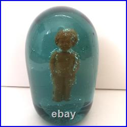 Antique English Green Glass Dump Paperweight With Terracotta Child Figure