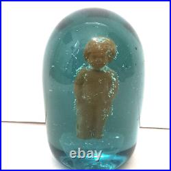 Antique English Green Glass Dump Paperweight With Terracotta Child Figure