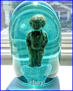 Antique English Green Glass Dump Paperweight With Terracotta Child Figure