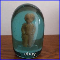 Antique English Green Glass Dump Paperweight With Terracotta Child Figure