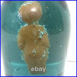 Antique English Green Glass Dump Paperweight With Terracotta Child Figure