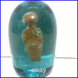 Antique English Green Glass Dump Paperweight With Terracotta Child Figure