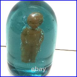 Antique English Green Glass Dump Paperweight With Terracotta Child Figure