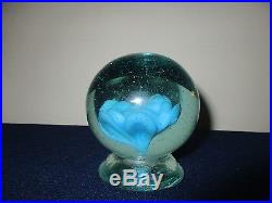 Antique Hand Blown Millville New Jersey Glass Blue Rose Footed Paperweight