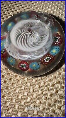 Antique Thuringian Glass Art Paperweight Concentric Millefiori on Swirl Basket