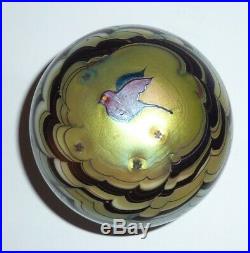 Art Glass Paperweight Bird Signed Lundberg Studios Vintage Gold Iridescent