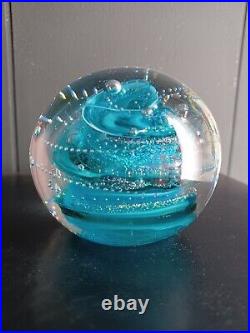 Art Glass Paperweight, Blue Cosmic Swirl Asteroid, Rainbow Bubbles, Signed