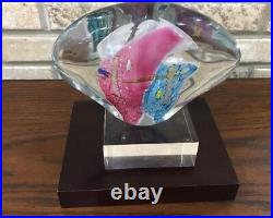 Art Glass Signed James R Wilbat Large Paper Weight Sculpture With Double Stand