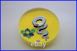 BOB BANFORD Striped SNAKE and FLOWER Yellow Base Art Glass Round PAPERWEIGHT