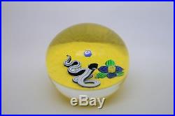 BOB BANFORD Striped SNAKE and FLOWER Yellow Base Art Glass Round PAPERWEIGHT