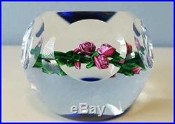 Beautiful RAY BANFORD Purple ROSES Art Glass PAPERWEIGHT Blue & Clear