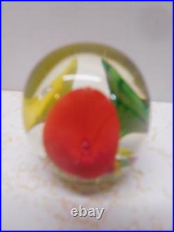 Beautiful small Art Glass Paperweight Egg Green, Yellow & Red on 3 Flowers
