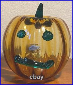 Blenko Glass Optic Art Glass Topaz Pumpkin/Jack-o-lantern WithGreen Stem/face 5