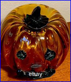 Blenko Glass Optic Art Glass Topaz Pumpkin/Jack-o-lantern WithGreen Stem/face 5