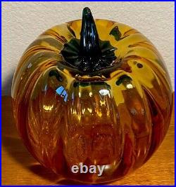 Blenko Glass Optic Art Glass Topaz Pumpkin/Jack-o-lantern WithGreen Stem/face 5