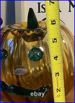 Blenko Glass Optic Art Glass Topaz Pumpkin/Jack-o-lantern WithGreen Stem/face 5