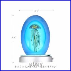 Blue Jellyfish Glass Base Led Light Hand Blown Art Sculpture Glowing Home Decor
