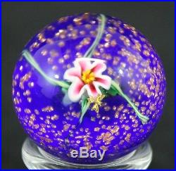 CHARLES KAZIUN JR Glass Miniature Pedestal Paperweight Tilted Spider Lily & Bee