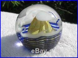 CORREIA Art Glass PAPERWEIGHT Blue Base, Mountain, Waves, Birds, Clouds, 1980, w Tag