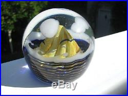 CORREIA Art Glass PAPERWEIGHT Blue Base, Mountain, Waves, Birds, Clouds, 1980, w Tag