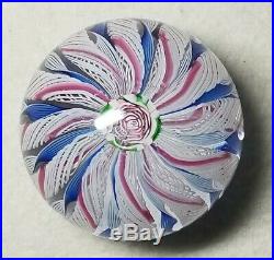Cape Cod Glass Works Rwd-White-Blue Latticino Crown Paperweight WithClichy Rose