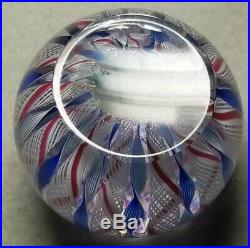 Cape Cod Glass Works Rwd-White-Blue Latticino Crown Paperweight WithClichy Rose