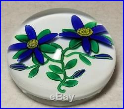 Charles Kaziun III Blue Double Blue Flowers and Buds on White Ground Paperweight