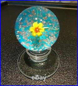 Charles Kaziun Jr Glass Spider Lily Blue Aventurine Tilt Paperweight Pedestal